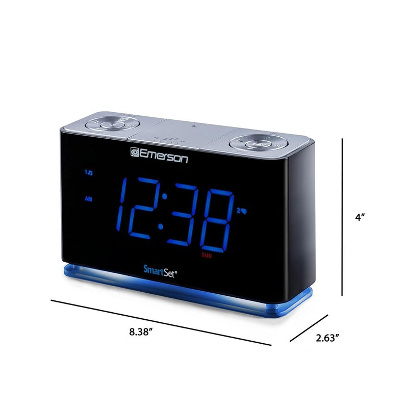 Emerson CKS1507 Smartset Radio Alarm Clock, 1.4" Blue LED Digital Display, USB Charging Port, Brightness Dimmer Controls, Bluetooth Connectivity, Set Alarm to Radio, Music, or Buzzer, Black - Image 2